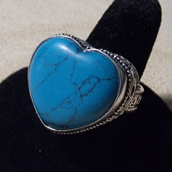 Handmade 925 Sterling Silver Heart Shape Turquoise Gemstone  Ring Size 10 - Picture 2 of 11